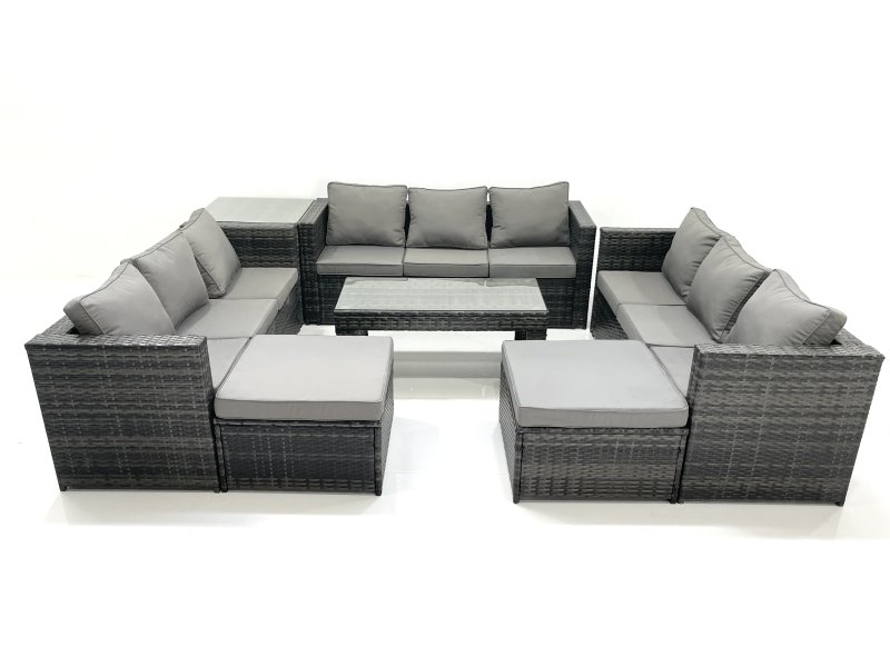 Fimous Outdoor Garden Furniture Set 7 Pieces Rattan Sofa Set with Coffee Table 2 Big Footstools Side Table Dark Grey Mixed
