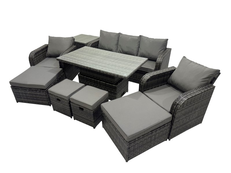 Fimous Rattan Garden Furniture Dining Set 8-seater Patio Height Adjustable Rising Lifting Table Sofa Set with Side Table 2 Big Footstool Dark Grey Mixed