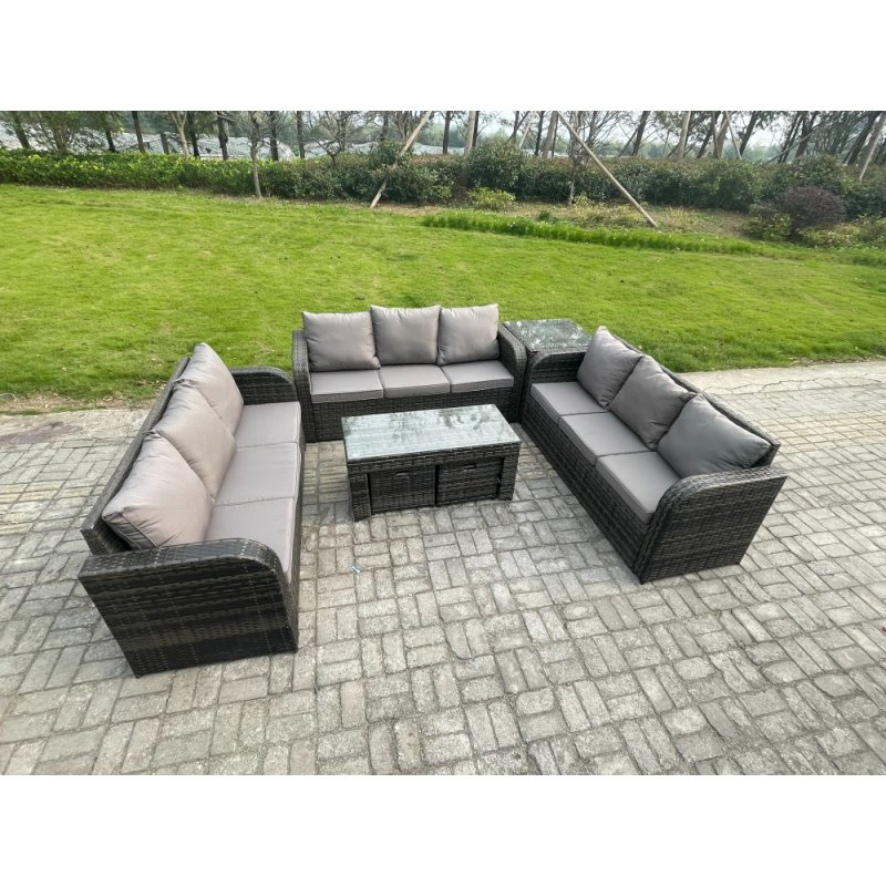 Fimous 11 Seater Outdoor Lounge Sofa Set Rattan Garden Furniture Set with Rectangular Coffee Table Side Table 2 Small Footstools 3 Seater Sofa Dark Grey Mixed