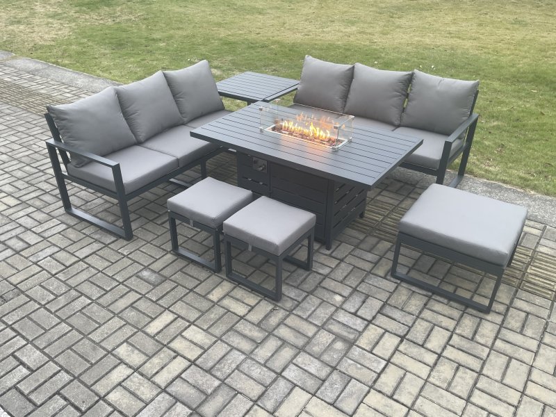 Fimous Aluminium Outdoor Lounge Sofa Garden Furniture Sets Gas Fire Pit Dining Table Set with 3 Footstools Side Table Dark Grey