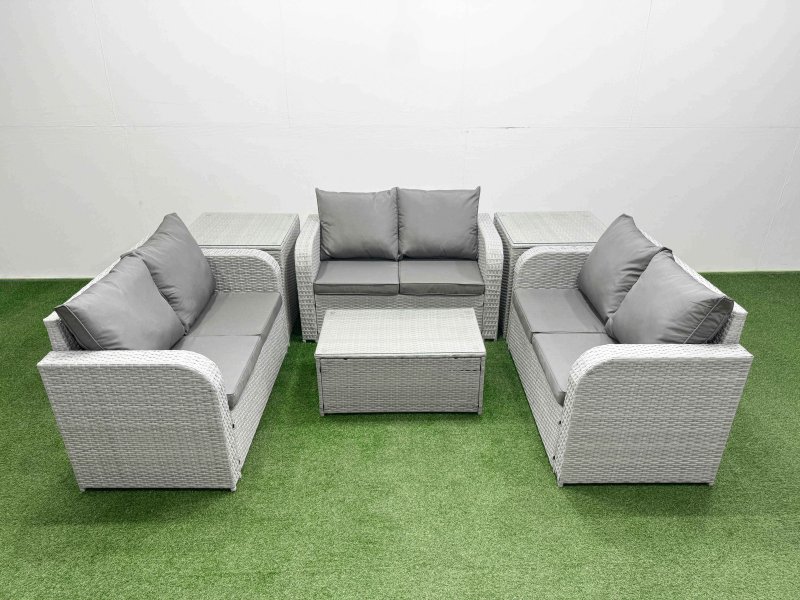Fimous 6 Seater PE Wicker Rattan Furniture Sofa Sets with Rectangular Coffee Table 2 Seater Love Sofa 2 Side Table Light Grey