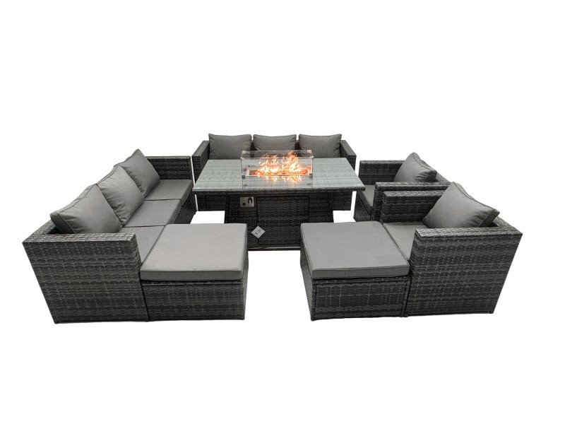 Fimous Rattan Garden Furniture Firepit Dining Set 10 Seater Lounge Sofa Table Set with 2 big Footstool