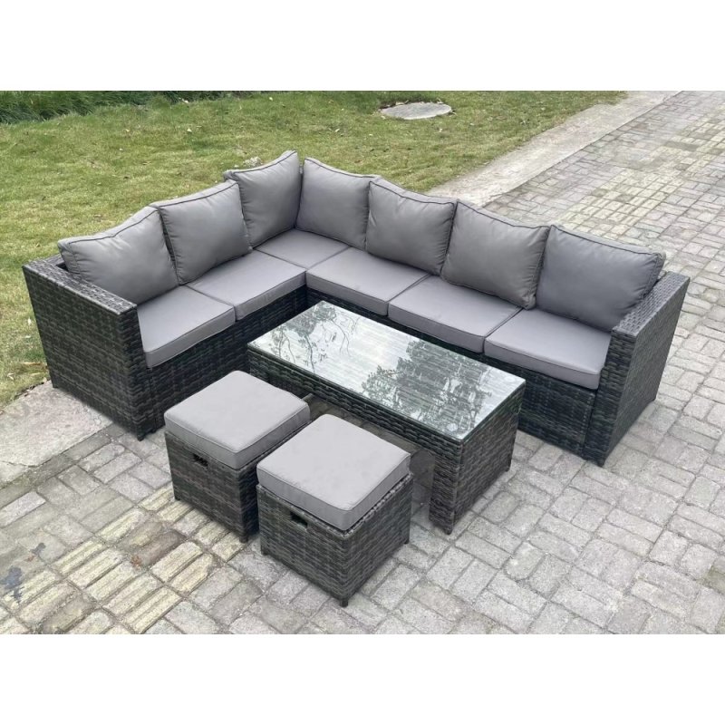 Fimous 8 Seater Rattan Corner Sofa Lounge Sofa Set With Rectangular Coffee Table 2 Stool Dark Grey Mixed Left Hand