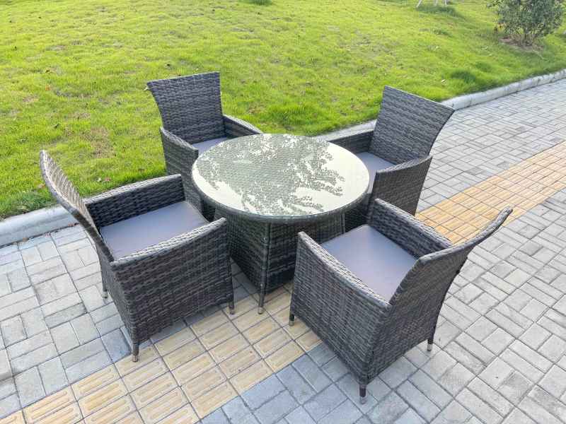 Fimous 5-Piece PE Rattan Garden Furniture 4 Seater Garden Medium Round Table and Chairs for Patio Dark Grey Mixed