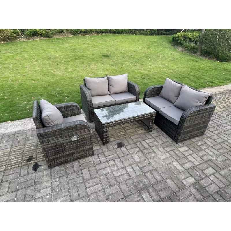 Fimous 5 Seater Dark Grey PE Wicker Rattan Garden Furniture Set Reclining Chair Love Sofa 2 Seater Sofa Set Outdoor Oblong Coffee Table