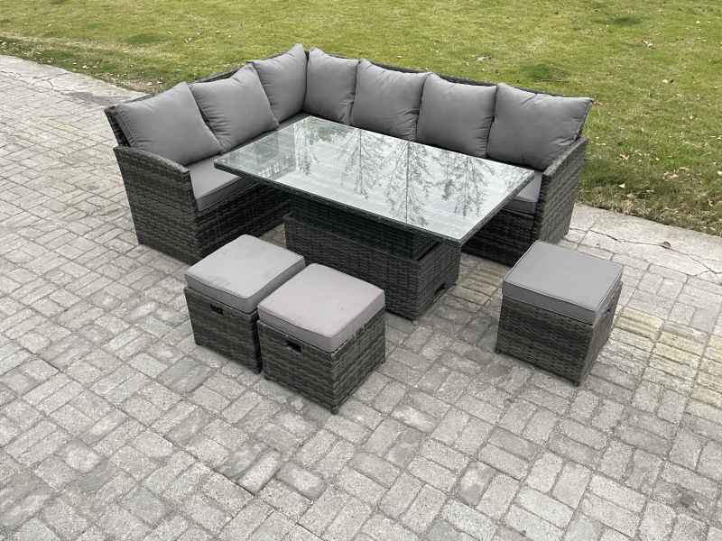 Fimous Wicker PE Outdoor Rattan Garden Furniture Set Height Adjustable Rising Lifting Table Sofa Dining Set with 3 Small Footstools Dark Grey Mixed