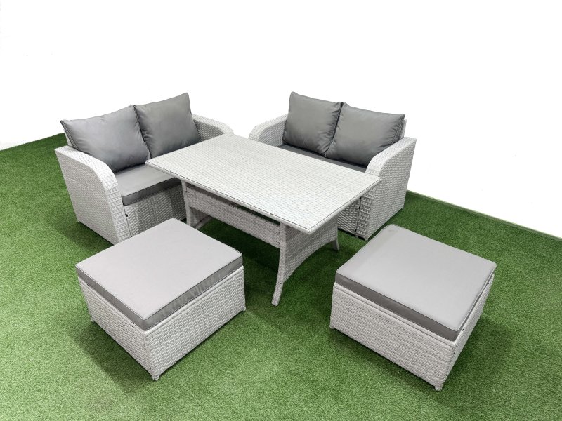 Fimous 6 Seater Outdoor Love Sofa Set Rattan Garden Furniture Set with Rectangular Dining Table 2 Footstool Light Grey