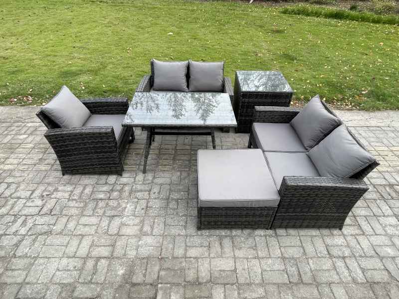 Fimous 6 Seater Wicker PE Rattan Garden Dining Set Outdoor Furniture Sofa with Rectangular Dining Table Double Seat Sofa Big Footstool Side Table Dark Grey Mixed