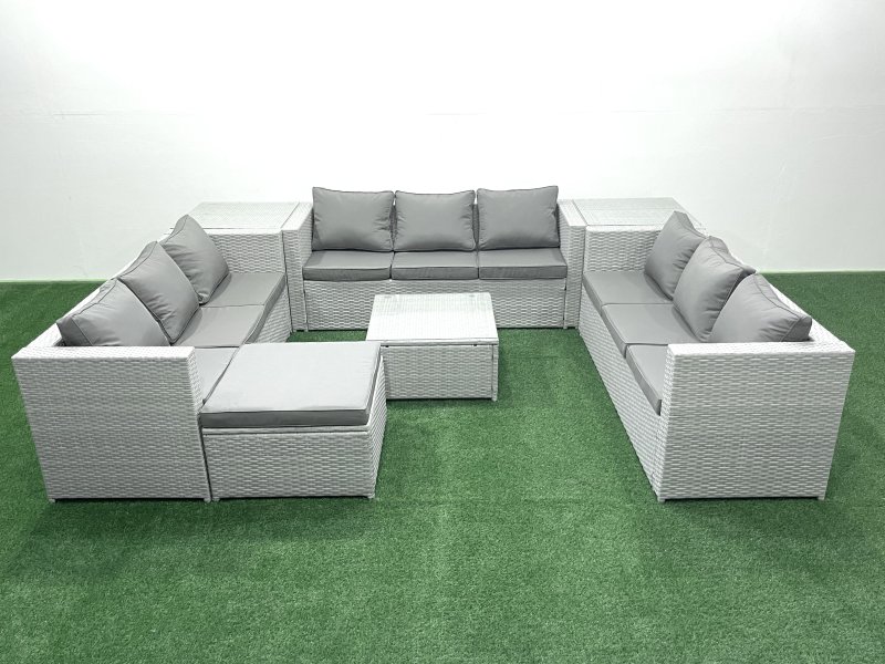 Fimous Rattan Garden Outdoor Furniture Set 10 Seater Rattan Garden Sofa Set with Big Footstool 2 Side Tables Light Grey Mixed
