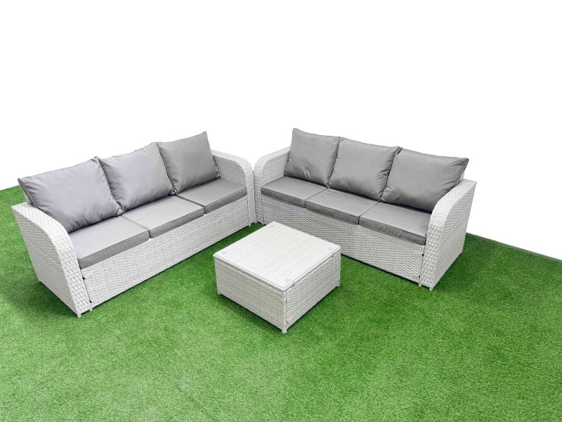 Fimous Outdoor Garden Furniture Sets 6 Seater Wicker Rattan Furniture Sofa Sets with Square Coffee Table high Back Lounge Sofa Light Grey