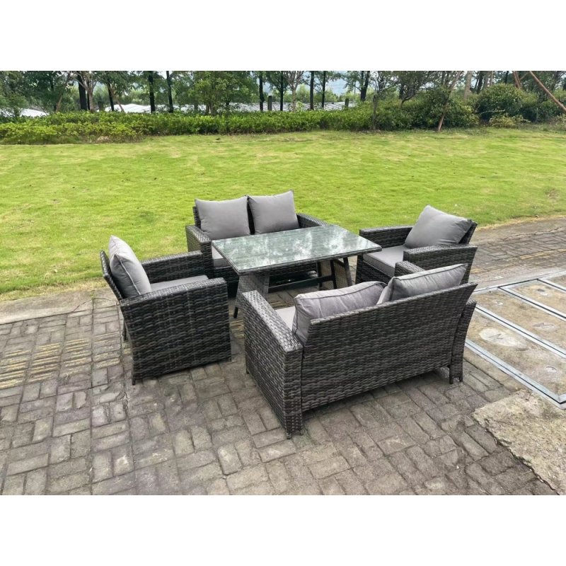 Fimous 6 Seater Outdoor Dark Grey Mixed High Back Rattan Sofa Dining Table Set Garden Furniture