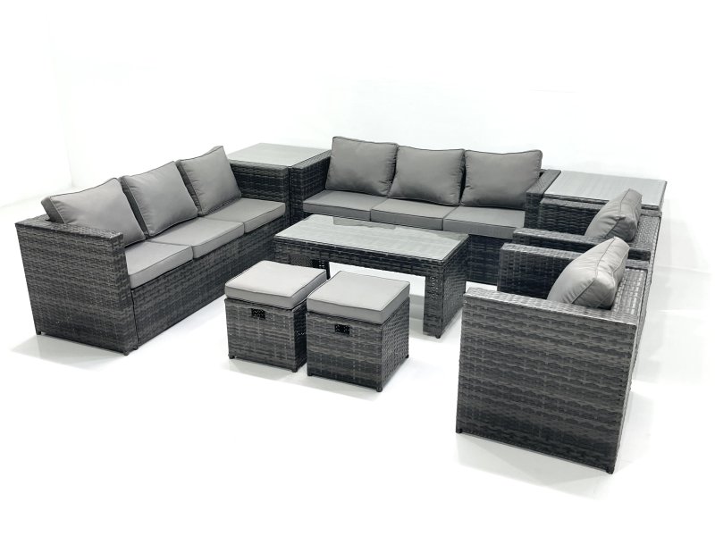 Fimous Rattan Garden Furniture Sofa Set with Coffee table Armchair 2 Side Tables 2 Small Footstools Dark Grey Mixed