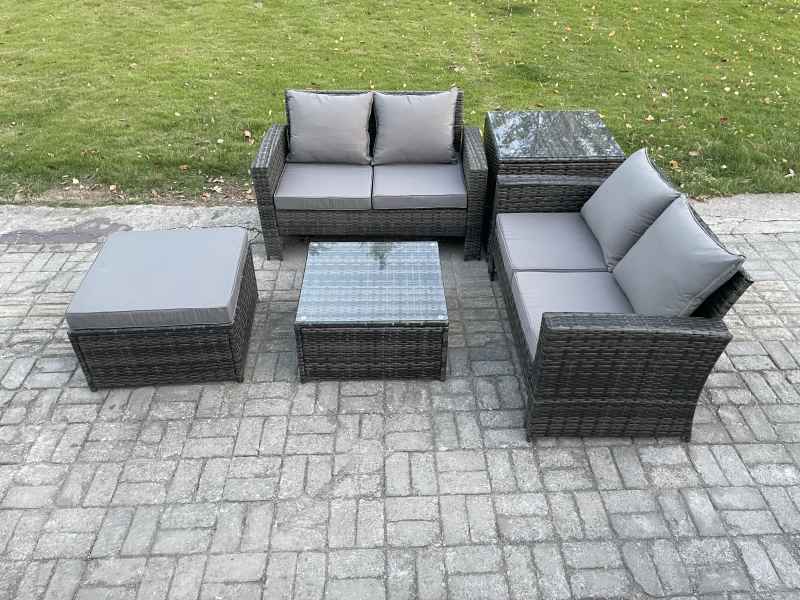 Fimous Rattan Garden Furniture Set 5 piece Patio Rattan Furniture Sofa Weaving Wicker includes 2 Double Seat Sofa, Coffee Table, Big Footstool and Side Table