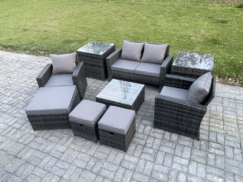 Fimous Rattan Wicker Garden Furniture Patio Conservatory Sofa Set with Square Coffee Table Armchair 2 Seater Sofa 3 Footstools 2 Side Tables