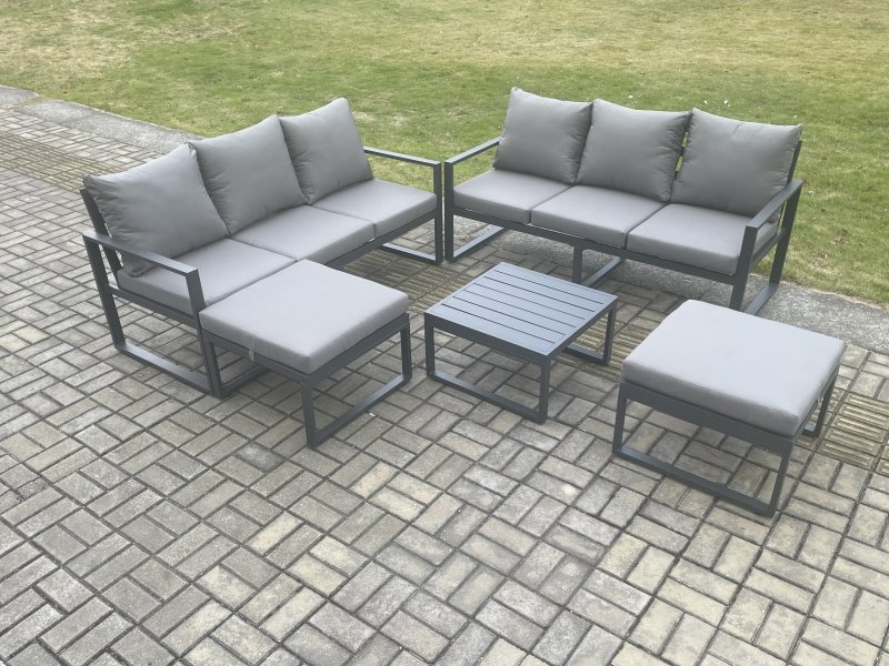 Fimous Aluminium 5 Pieces Garden Furniture Sofa Set with Cushions 8 Seater Outdoor Patio Set with Square Coffee Table 2 Big Footstools Dark Grey