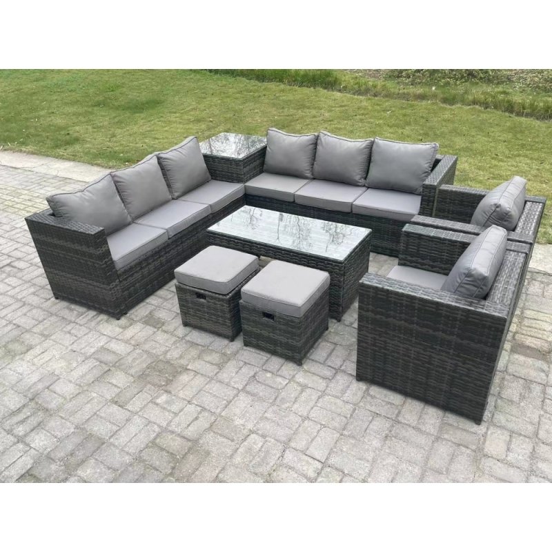 Fimous 10 Seater Rattan Corner Sofa Set With Square Side Table And Oblong Rectangular Coffee Tea Table 2 PC Arm Chair 2 Stools Dark Grey Mixed