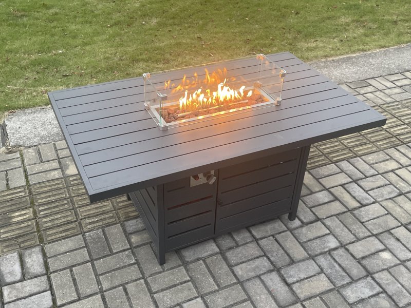Fimous Aluminium Garden Furniture Outdoor Set Patio Lounge Sofa Gas Fire Pit Dining Table Set with 3 Footstools Dark Grey
