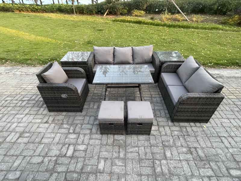 Fimous 8 PCS Outdoor Lounge Sofa Set Wicker PE Rattan Garden Furniture Set with Rectangular Dining Table Armchair 2 Small Footstools Dark Grey Mixed