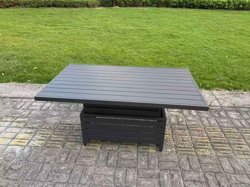 Fimous Aluminum Outdoor Patio Furniture Set Modern Patio Conversation Sets with Adjustable Rising Lifting Dining Table 3 Footstools 2 Side Tables Dark Grey