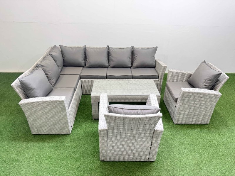 Fimous Rattan Garden Furniture Set Outdoor 8 Seater Corner Sofa Sets with Oblong Coffee Table Chair Light Grey Mixed