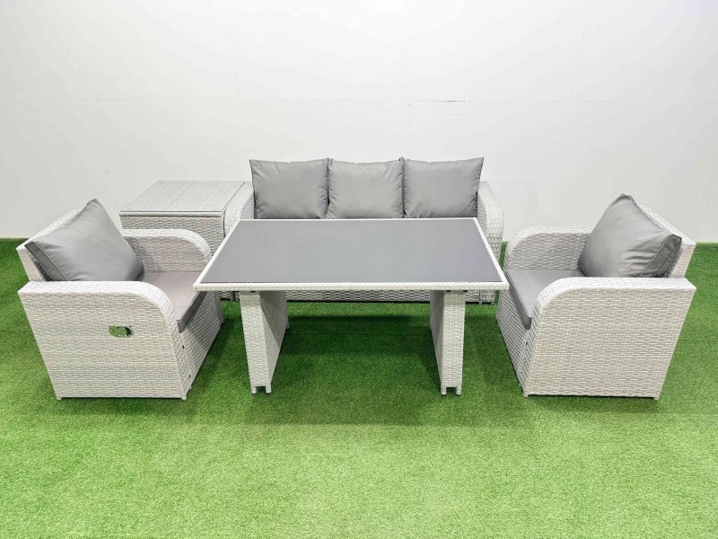 Fimous Outdoor Rattan Garden Furniture Dining Set 5-seater Patio Rectangular Table 3 Seater Sofa Reclining Chair Set with Side Table