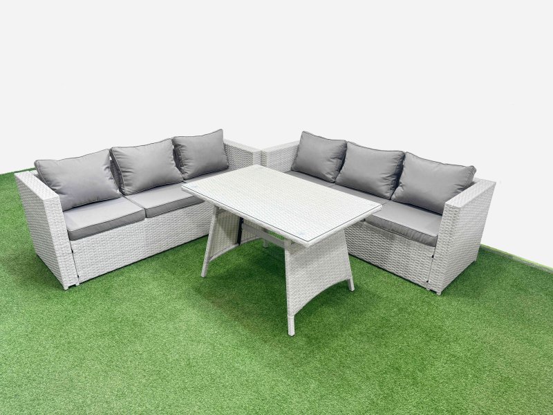 Fimous Rattan Garden Furniture Dining Set 6-seater Patio Rectangular Table 3 Seater Sofa Set Light Grey