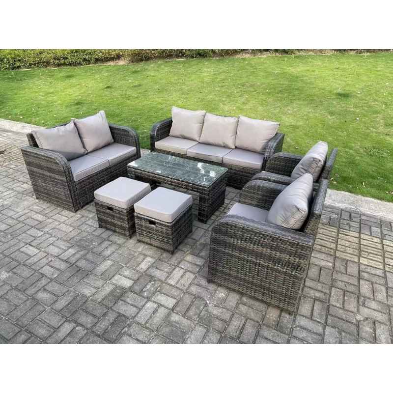Fimous 9 Seater Dark Grey PE Wicker Rattan Garden Furniture Set Reclining Chair Love Seat 3 Seater Sofa Set Outdoor Rectangular Coffee Table Stools