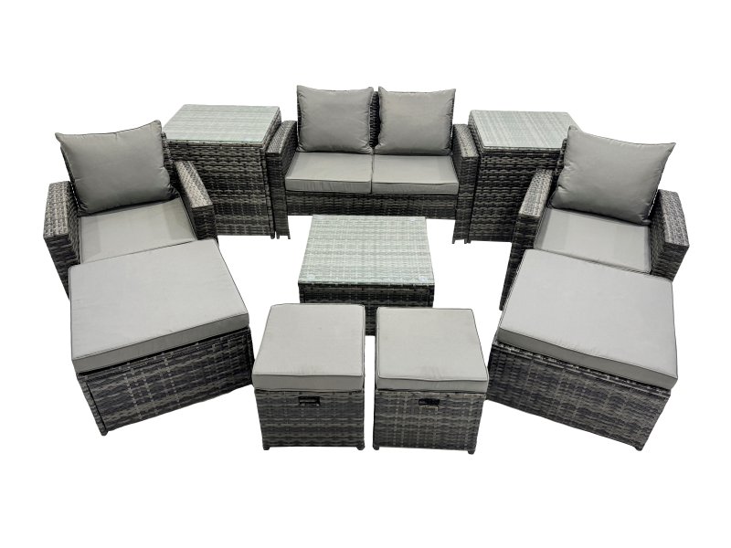 Fimous PE Rattan Garden Furniture Set Lounge Sofa Coffee Table Set with 2 Side Tables 4 Footstools Dark Grey Mixed