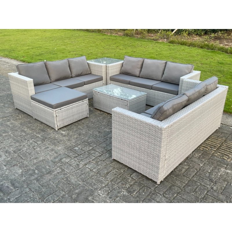 Fimous 10 Seat Light Grey Lounge Outdoor PE Rattan Garden Furniture Set Wicker Sofa Set Oblong Coffee Table Side Table Footstool
