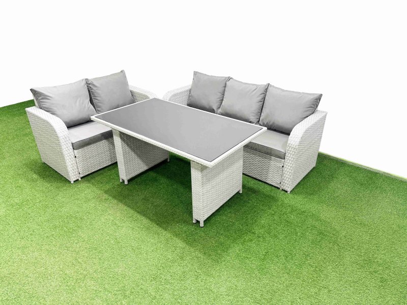 Fimous Garden Furniture Set PE Ratten Garden Sofa Set with Rectangular Dining Table Light Grey