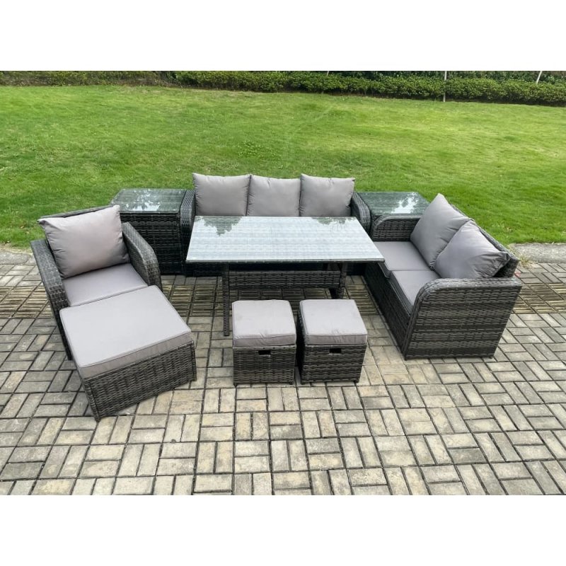 Fimous 9 Piece Garden Rattan Furniture Dining Table Sofa Set Indoor Outdoor with Reclining Chairs 2 Side Tables 3 Footstools Dark Grey Mixed