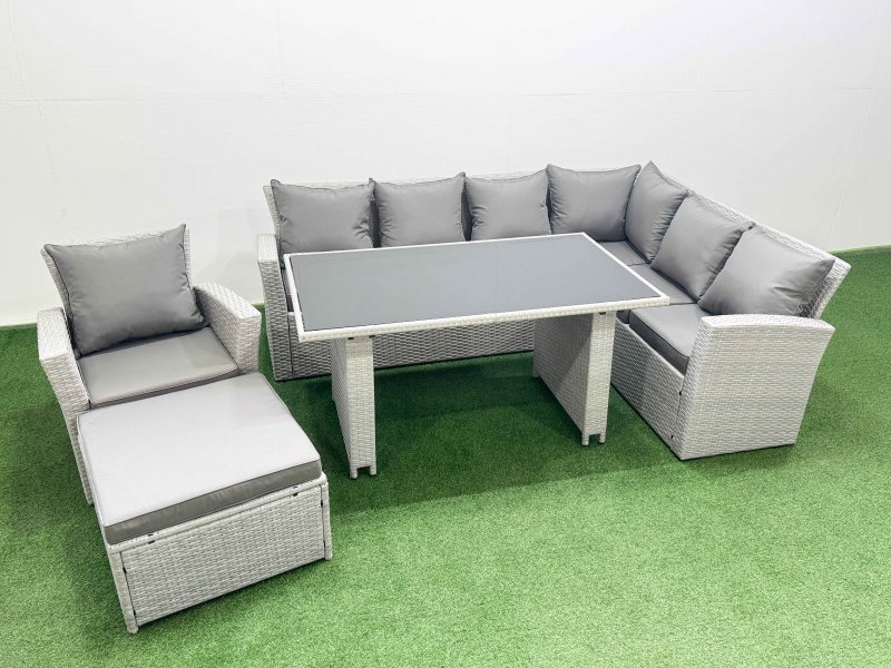 Fimous Outdoor Garden Furniture Sets 8 Seater Wicker Rattan Corner Sofa Sets with Rectangular Dining Table Lounge Sofa Big Footstool Armchair Light Grey
