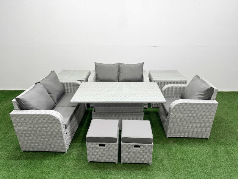 Fimous High Back Poly Rattan Garden Furniture Set with Reclining Chair Loveseat Sofa Adjustable Lifting Dining or Coffee Table Indoor Outdoor Patio Set 2 Stool 2 Side Table Light Grey