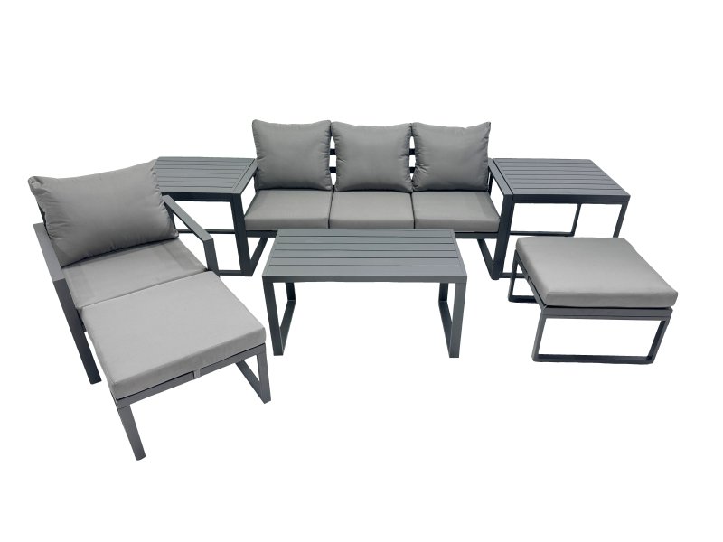 Fimous 6 Seat Outdoor Garden Furniture Set Aluminium Lounge 3 Seat Sofa Oblong Coffee Table Sets with Chair 2 Big Stools 2 Side Tables Dark Grey