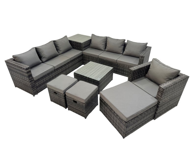 Fimous 10 Seater Garden Outdoor Rattan Furniture Set Patio Corner Sofa Coffee Table with Side Table 3 Stool Dark Grey