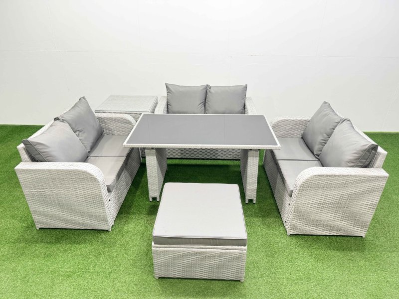 Fimous 7 Seater Patio Garden Furniture Sets with Black Glass Top Dining Table Love Sofa Side Table Big Stool Light Grey