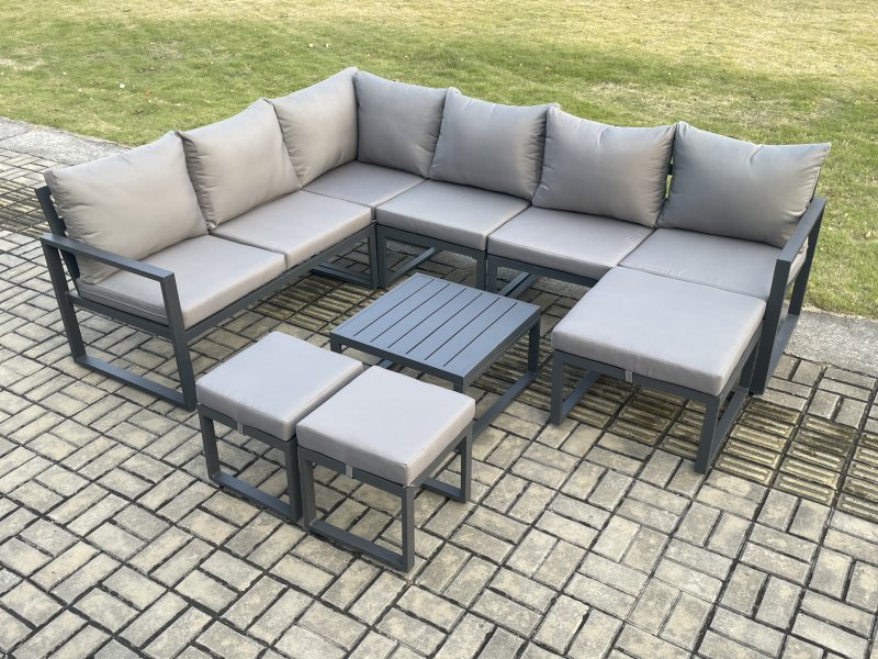 Fimous 9 Seater Outdoor Lounge Corner Sofa Set Aluminum Garden Furniture Sets with Square Coffee Table 3 Footstools Dark Grey