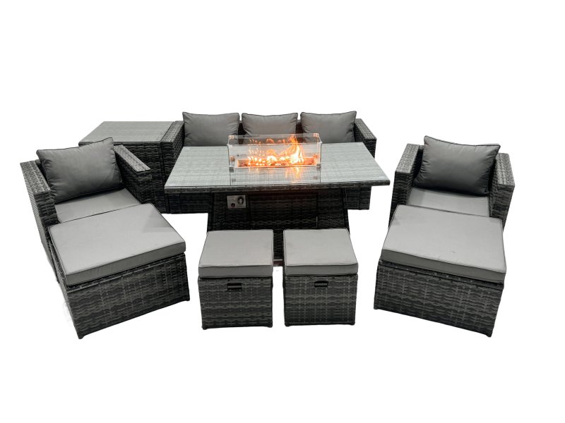 Fimous Rattan Garden Furniture Firepit Dining Set 9 Seater Lounge Sofa Table Set with side table 4 Footstool