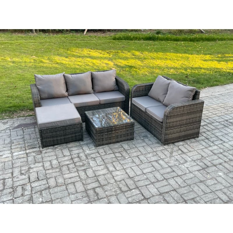 Fimous PE Rattan Garden Furniture Sets 6 Seater Outdoor Lounge Sofa Set Square Coffee Table Big Footstool
