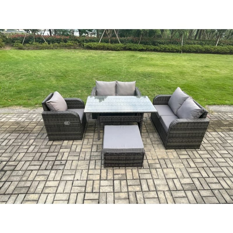 Fimous Lounge Rattan Sofa Set Outdoor Garden Furniture Oblong Rectangular Dining Table With Chairs Big Footstool Dark Grey Mixed