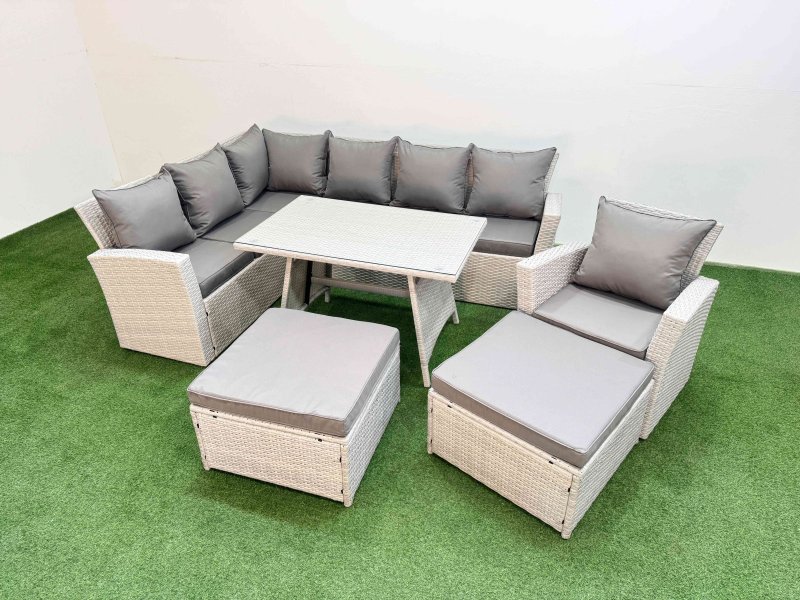 Fimous Garden Outdoor Rattan Furniture Set Rattan Corner Sofa Oblong Dining Table with Armchair 2 Big Footstools Light Grey Mixed 9 Seater