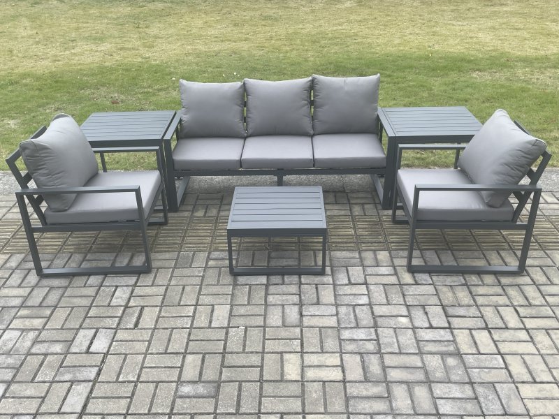 Fimous Aluminium Outdoor Garden Furniture Set Lounge Sofa 2 PC Chairs Square Coffee Table Sets with 2 Side Tables Dark Grey
