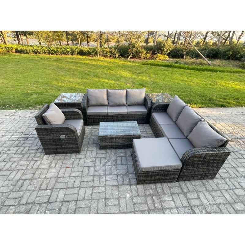 Fimous 8 Seater Rattan Outdoor Garden Furniture Sofa Set Patio Table & Chairs Set with 3 Seater Sofa Reclining Chair 3 Seater Sofa 2 Side Tables Big Footstool Dark Grey Mixed