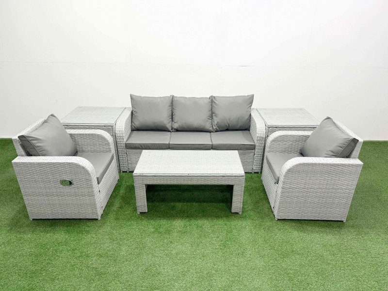 Fimous PE Rattan Garden Furniture Set Reclining Chair Sofa Lounge Sofa Set Rectangular Coffee Table 2 Side Table Light Grey