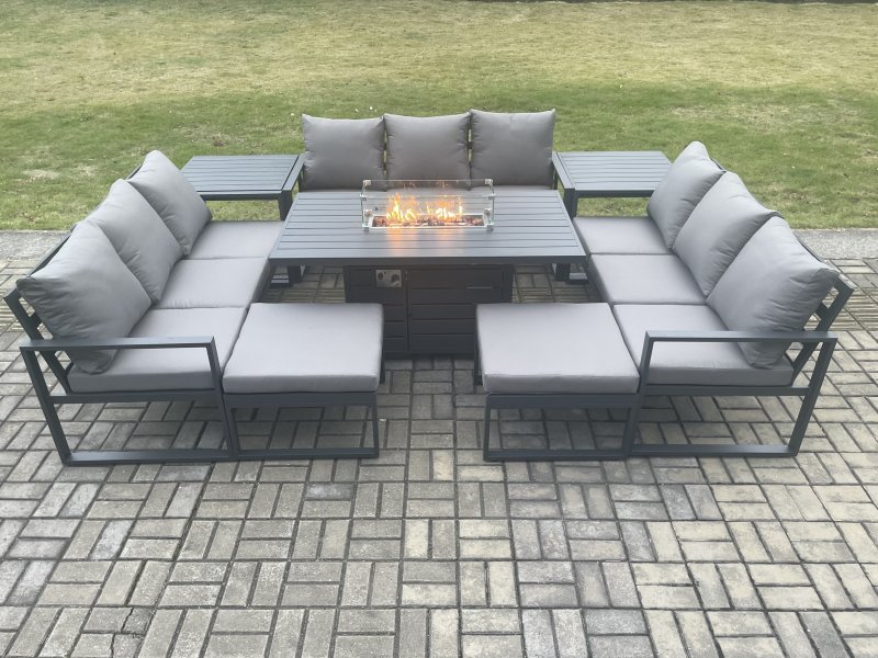 Fimous Aluminium 11 Seater Garden Furniture Outdoor Set Patio Lounge Sofa Gas Fire Pit Dining Table Set with 2 Big Footstools 2 Side Tables Dark Grey