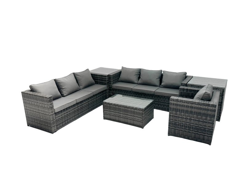 Fimous Rattan Garden Furniture Dining Set 7-seater Patio Coffee Table Sofa Set with 2 Side Tables Dark Grey Mixed
