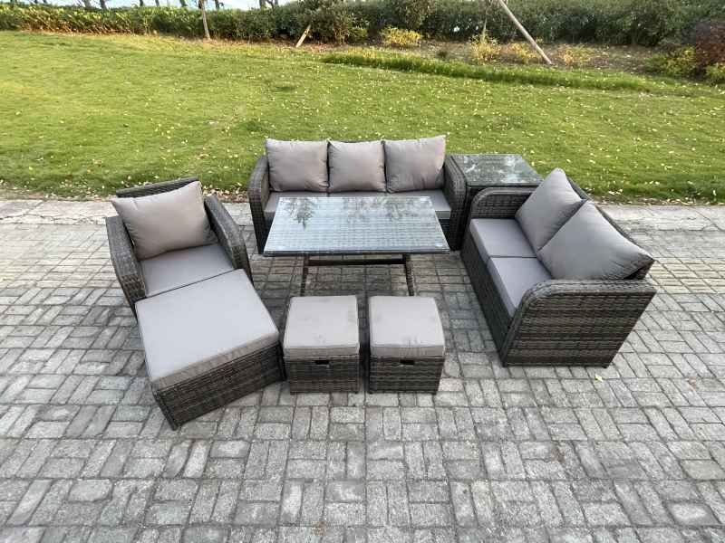 Fimous 9 Seater Outdoor Rattan Garden Furniture Set Patio Lounge Sofa Set with Dining Table 3 Footstools Side Table Dark Grey Mixed