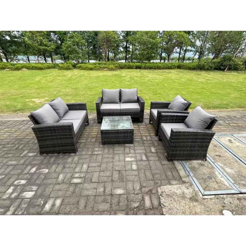 Fimous 6 Seater Dark Grey Mixed High Back Rattan Sofa Set Square Coffee Table Garden Furniture Outdoor Patio With Love Sofa Arm Chairs