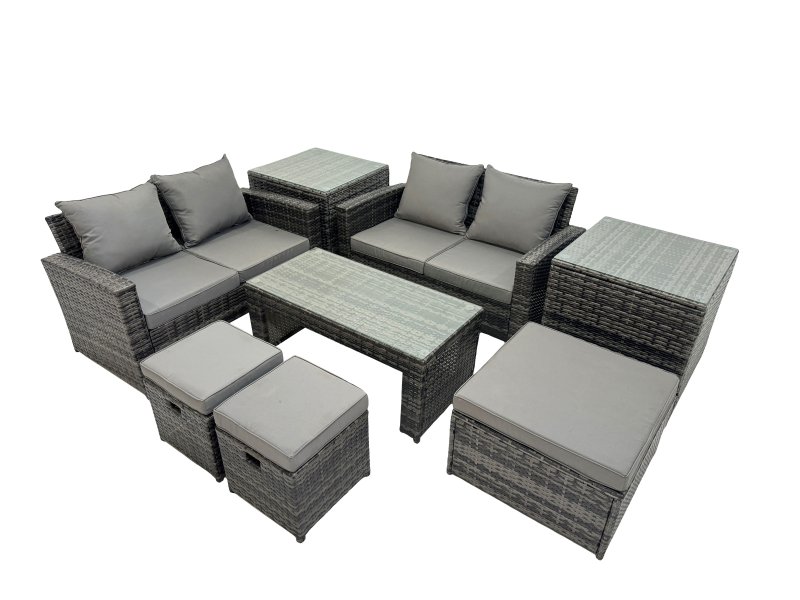 Fimous Outdoor Love Sofa Set 7 Seat Rattan Garden Furniture Set with Oblong Coffee Table 3 Footstools 2 Side Table Dark Grey Mixed