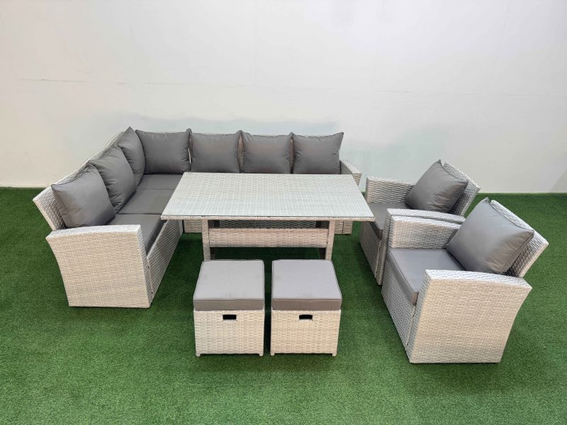 Fimous 10 Seater Rattan Garden Furniture Set Outdoor Patio Dining Corner Sofa Sets with Dining Table 2 Chairs 2 Small Footstool Light Grey Mixed